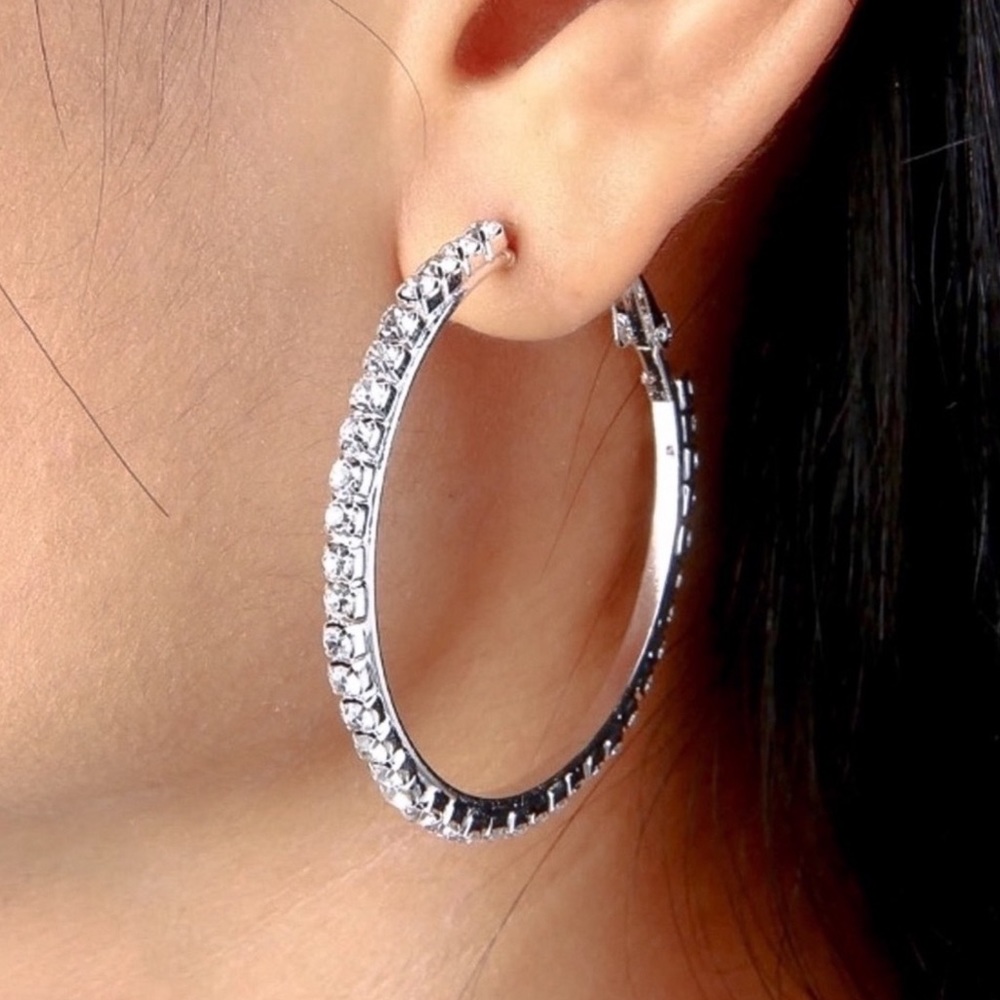 Silver & Crystal 2” Hoop Earrings - Picture 7 of 8
